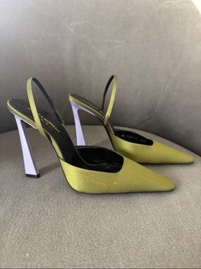 Saint Laurent Olive Slingback Pointed Pumps with Lilac Block Heels